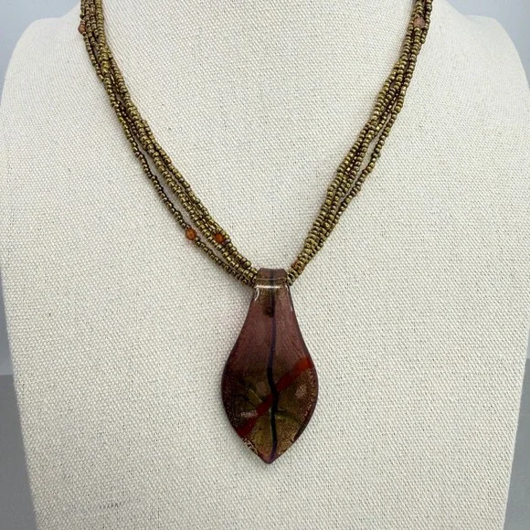 Dichroic Glass Teardrop Pendant Necklace Multi Strand Bronze Seed Beads - Picture 10 of 10